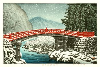 Hasui Kawase - estampe japonaise originale - Neige au pont Shinkyo